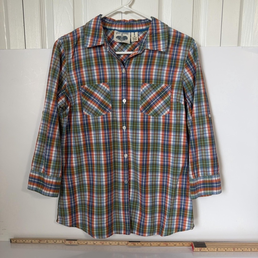 Girl Krazy Womens Juniors M Multicolor Plaid 3/4 Roll Tab Sleeve Button Up Shirt
